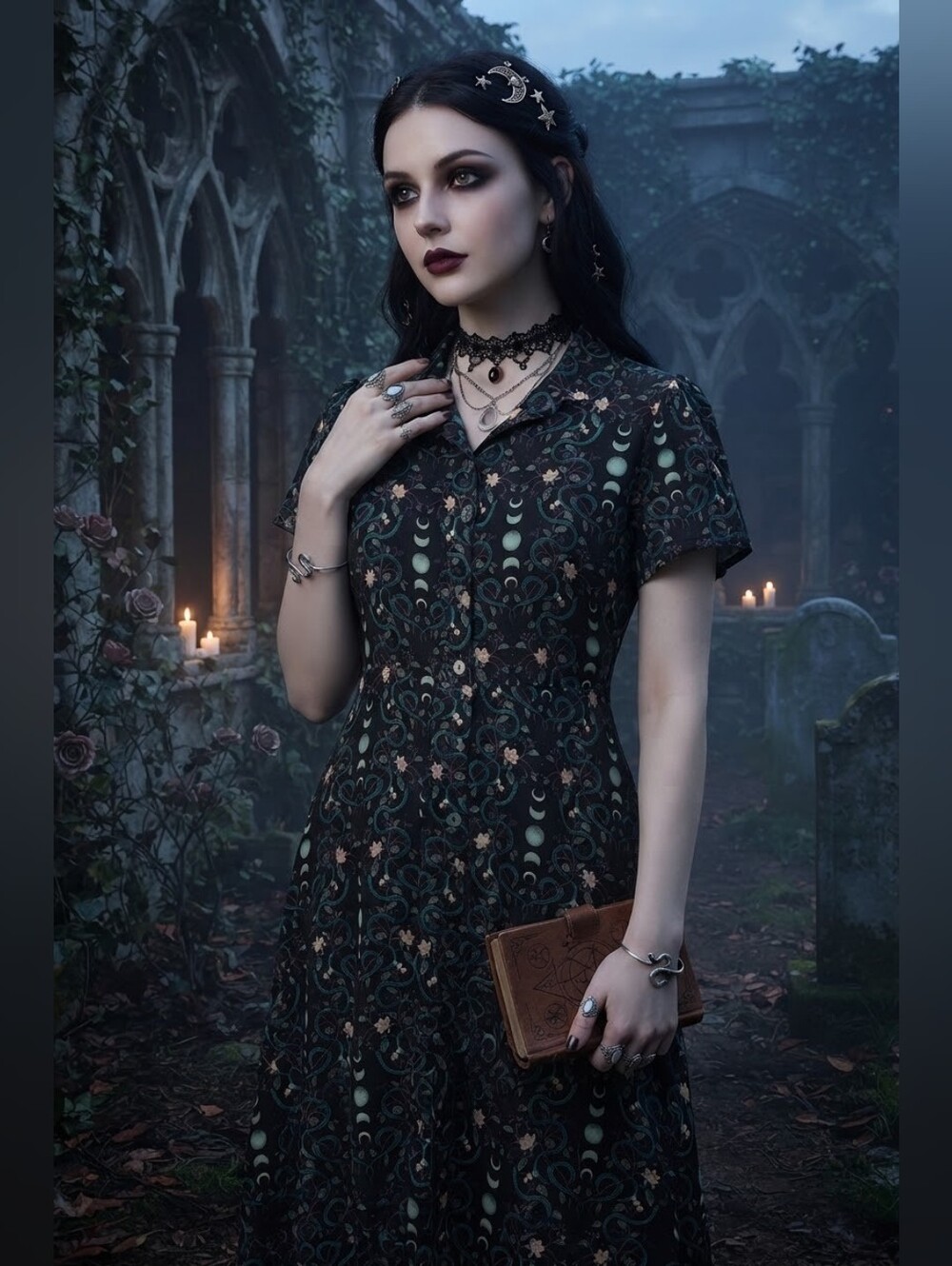 Disturbia Celestial Moon & Serpent Floral Button-Front Midi Dress Size US 16